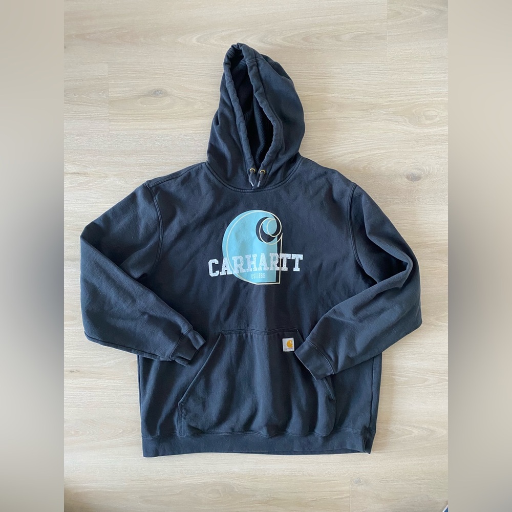 Mens Carhartt Black Hoodie with Light Blue Graphic Size XL